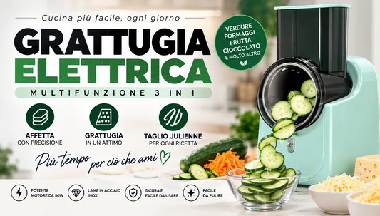 Grattugia Elettrica Multifunzione 3 in 1 50W con 3 Lame in Acciaio Inox – Affettatrice, Julienne e Grattugia per Formaggio, Verdure, Frutta e Cioccolato – Batteria 4500 mAh